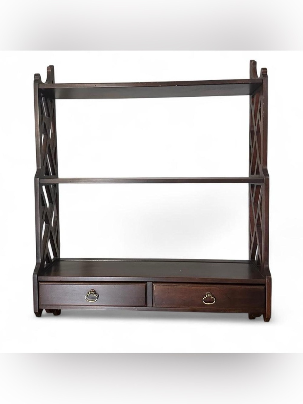 Ethan Allen Dark Brown Chippendale Style Wooden Shelf with two drawers